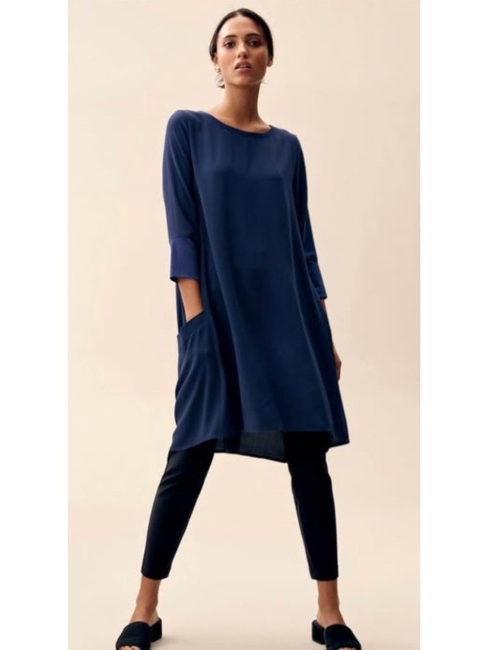 Eileen Fisher Navy Blue 100% Silk Long Sleeve Tunic Dress with Pockets